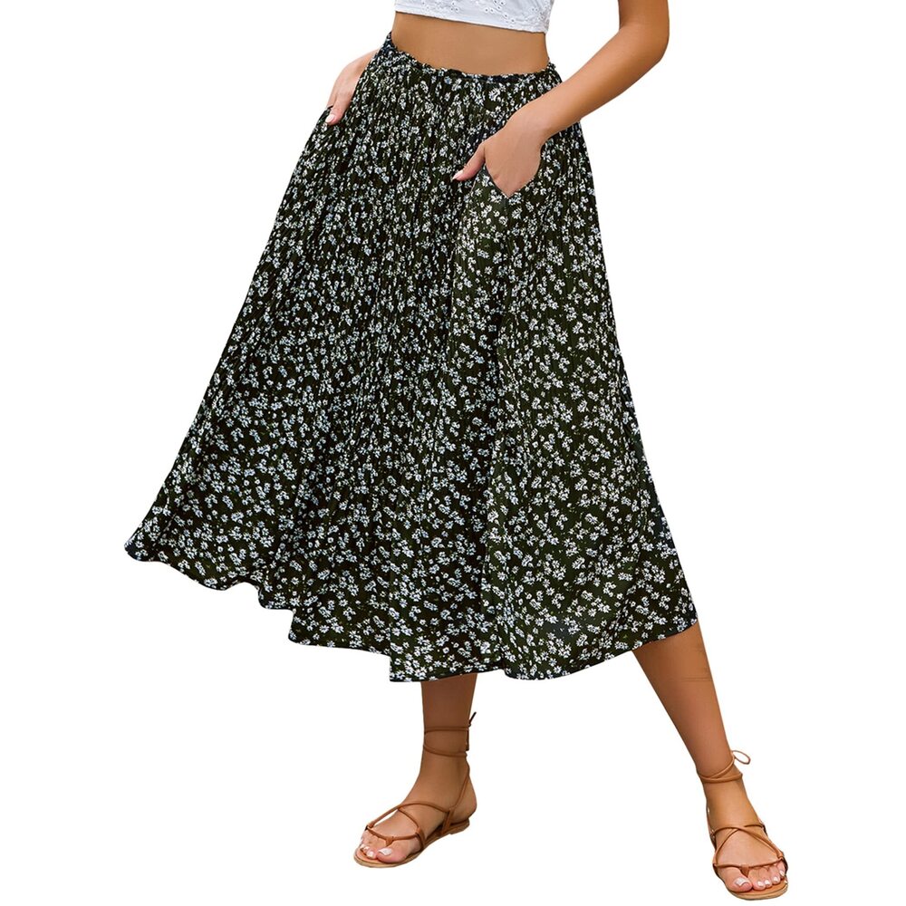 6734 Skirt High Waisted Boho Skirts A-Line Calf Length Pleated Skirt